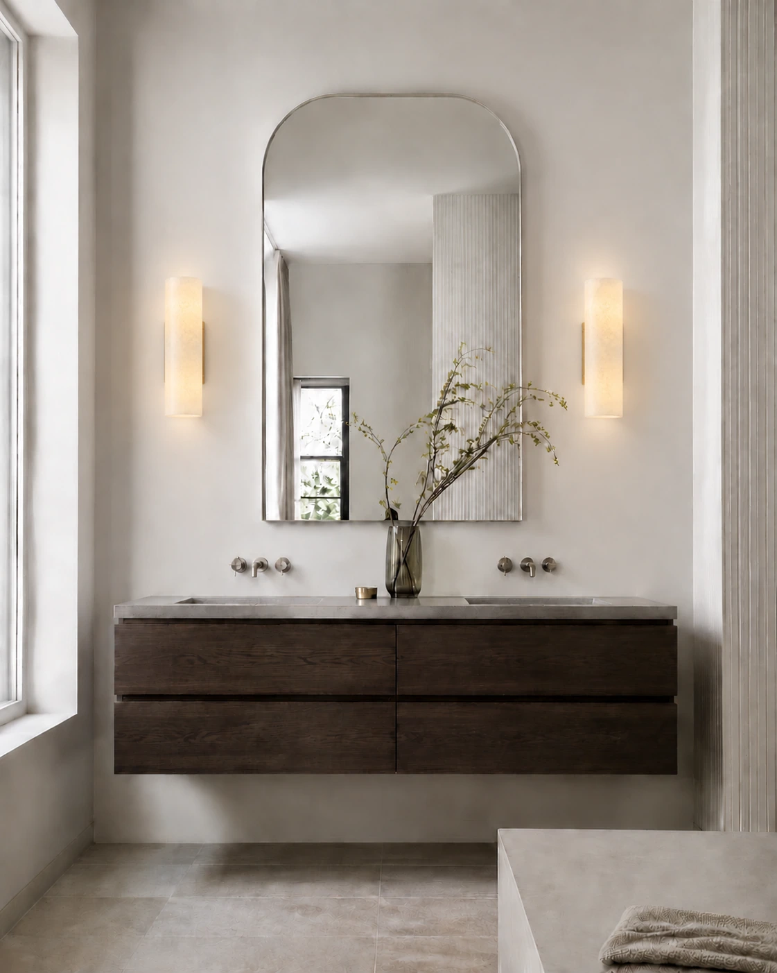 Pair of Brass Doran sconces in a refined double-vanity bathroom