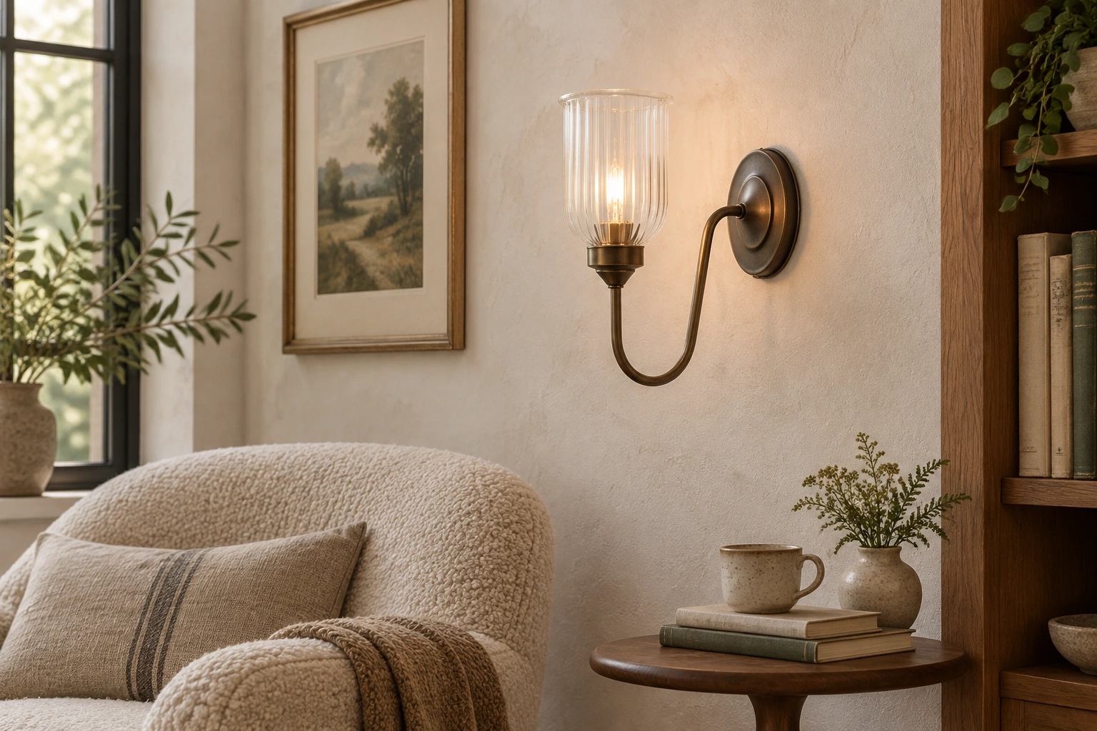 Burnished brass Menae wall sconce in a layered reading corner