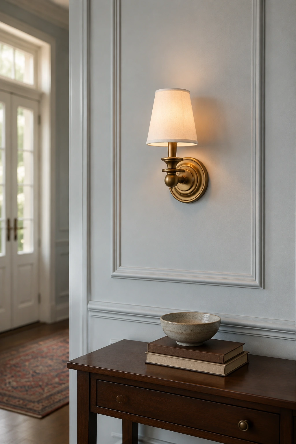 Brass plain-shade sconce on a paneled hallway wall