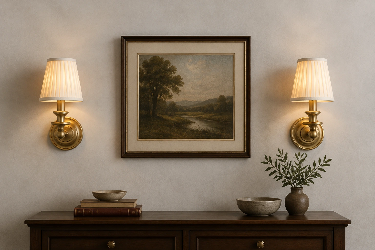 Pair of Brass pleated-shade sconces flanking framed art