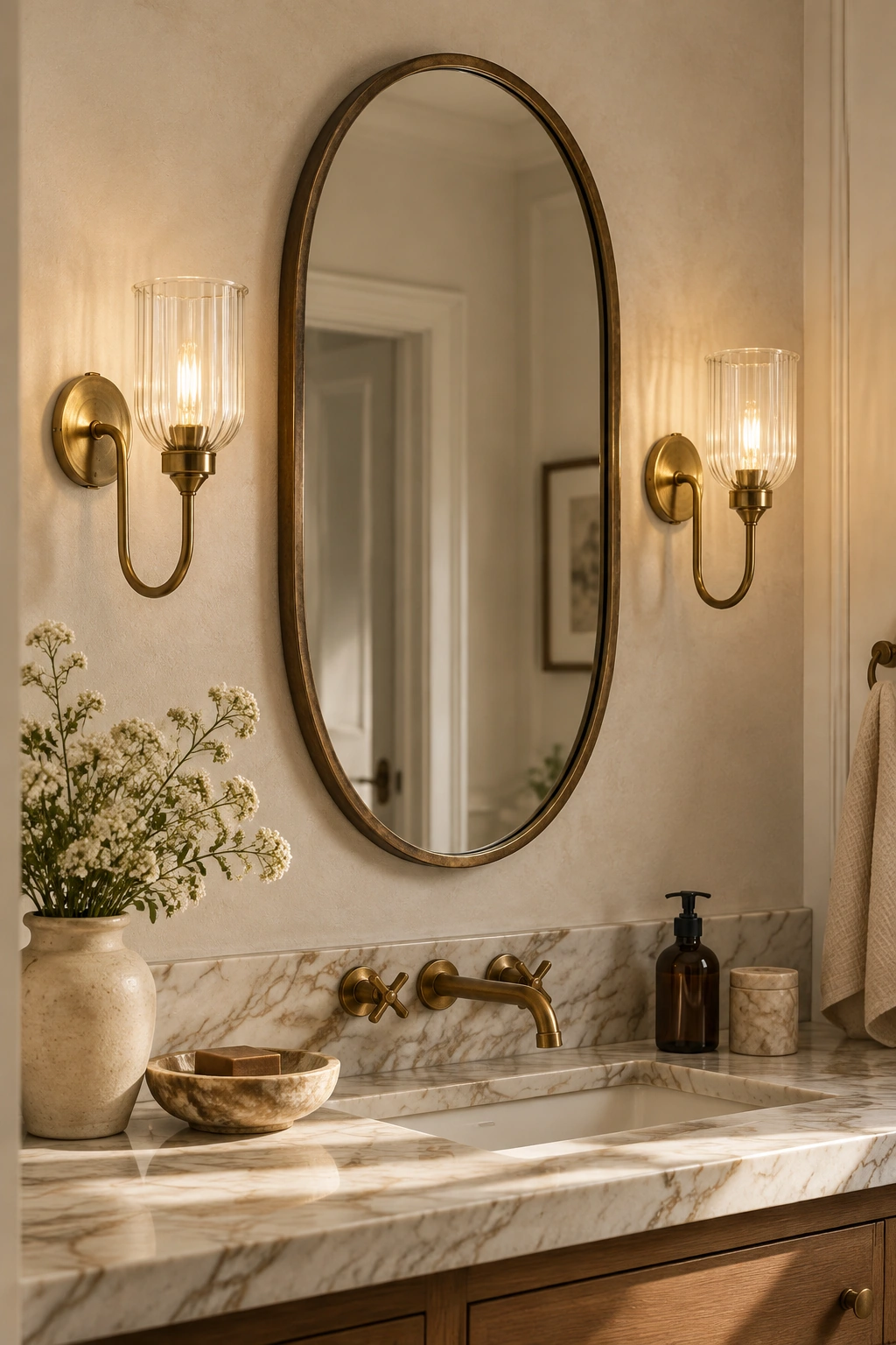 Pair of Menae antique brass ribbed glass sconces flanking an oval mirror