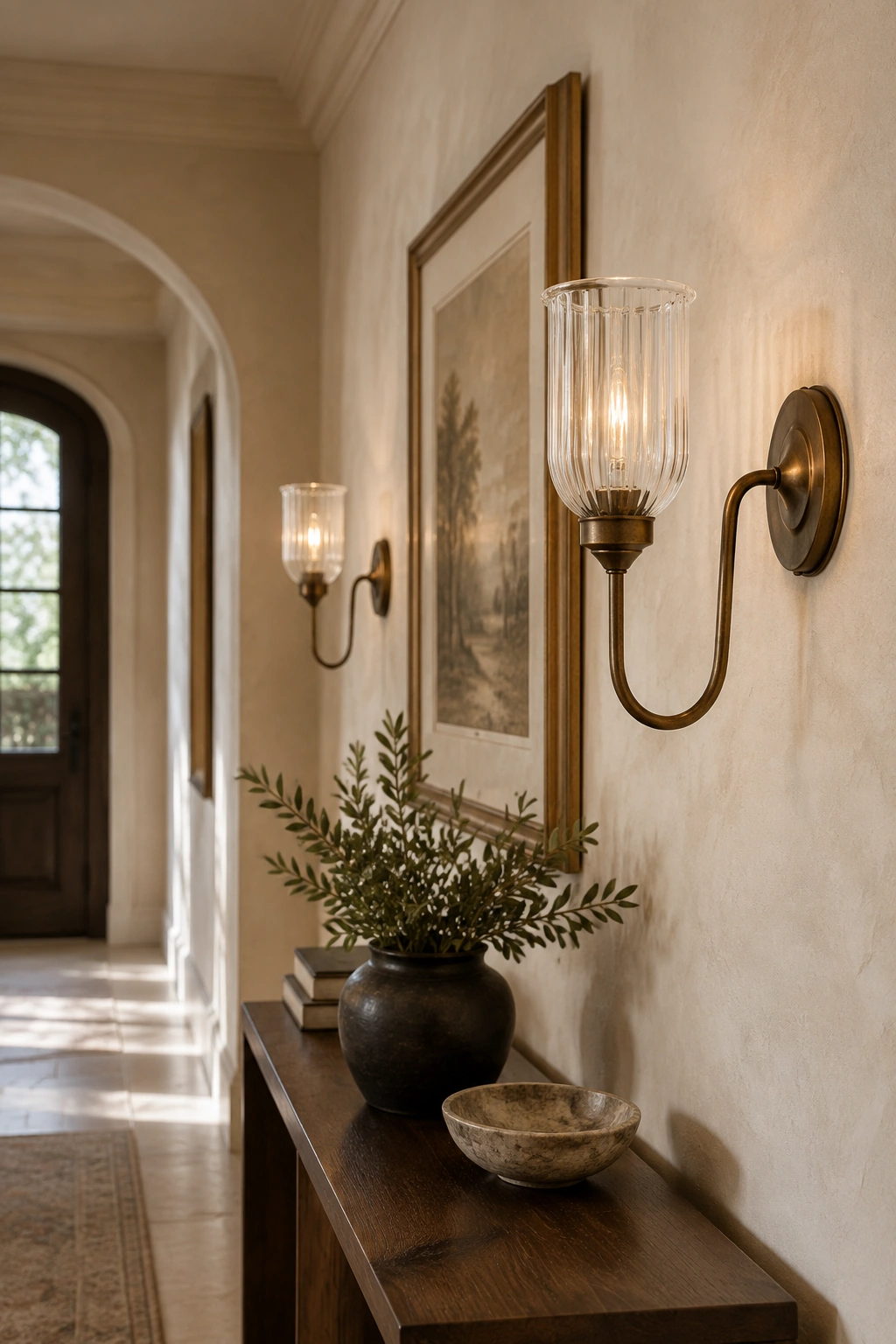 Burnished brass Menae wall sconces installed along a warm plaster hallway