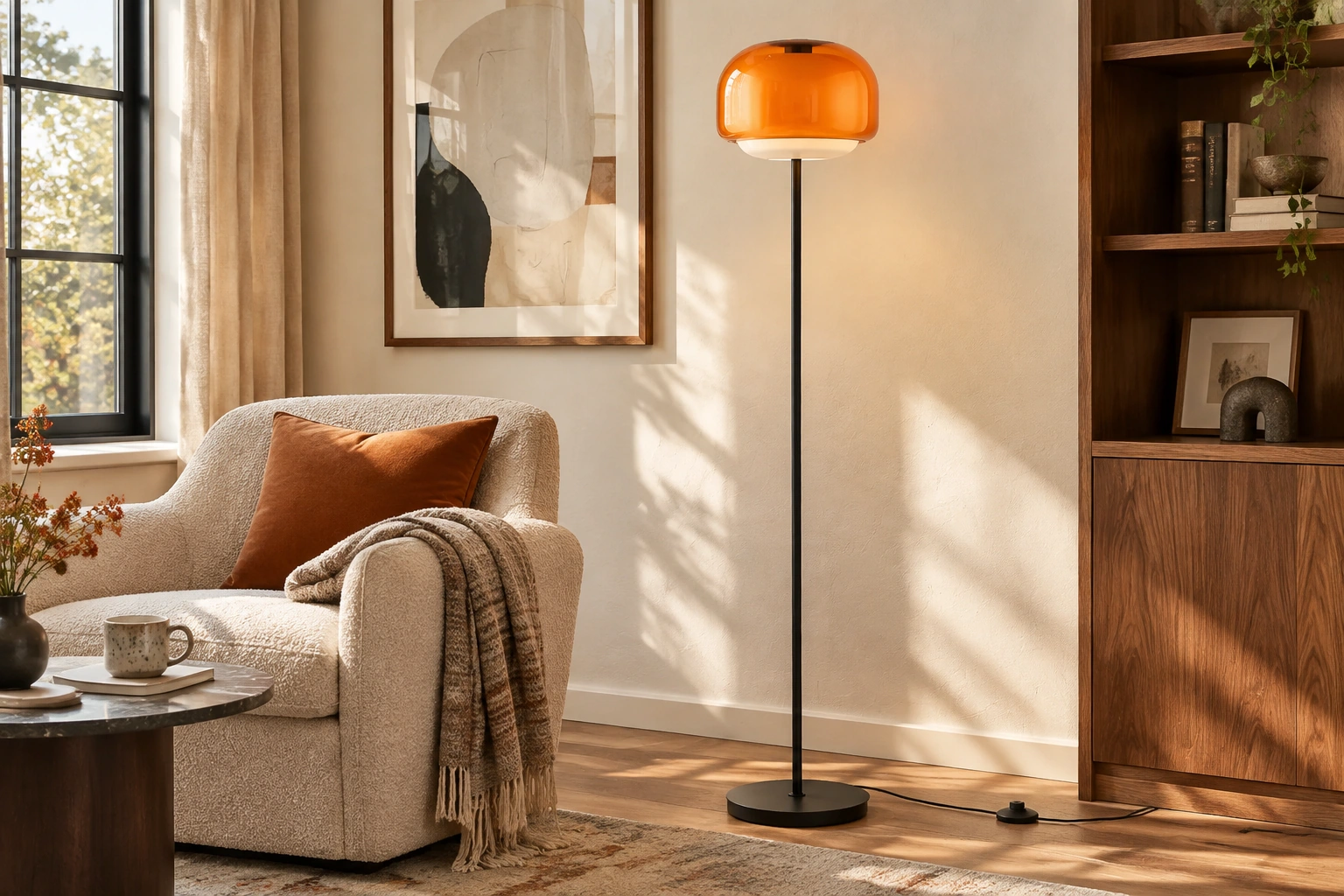 Orange Sanae colored glass floor lamp beside a lounge chair in a warm reading room