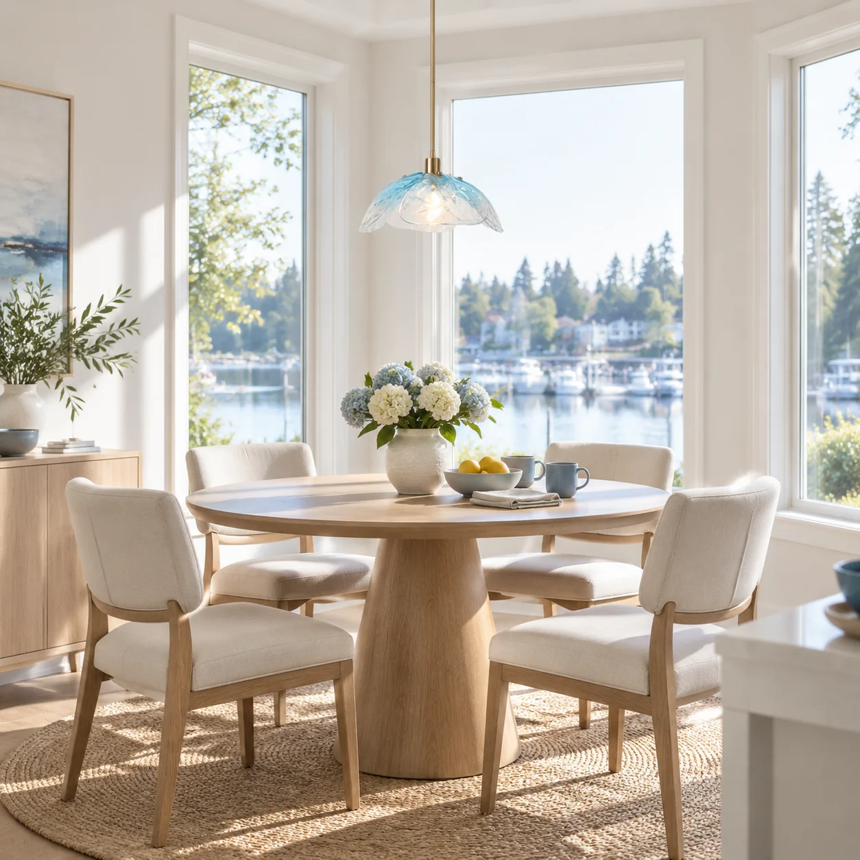 Compact blue flower pendant above a full-size round breakfast table