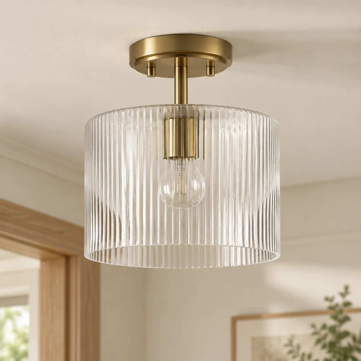 Clear ribbed glass shade and brass ceiling mount with a single visible bulb