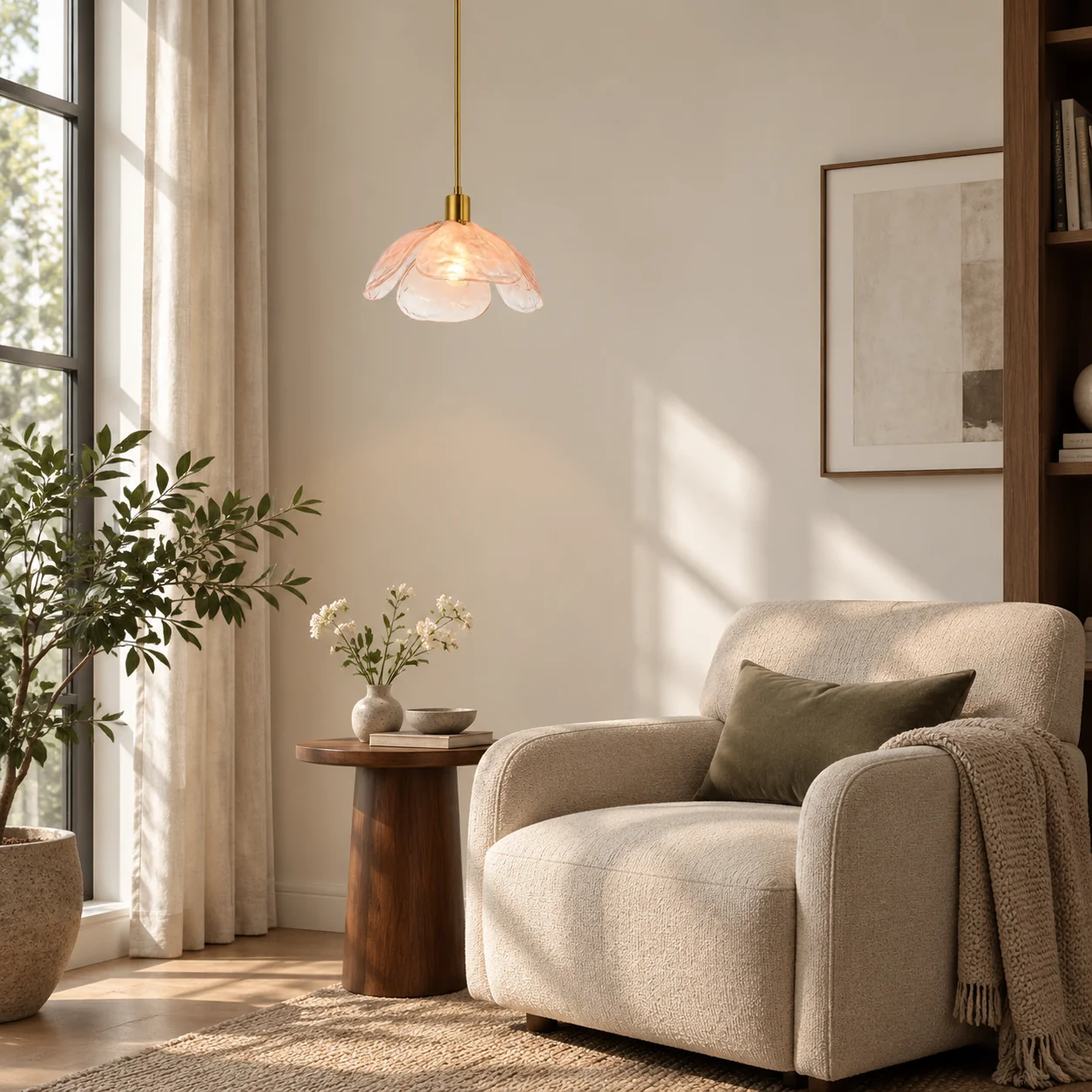 Compact pink flower pendant beside a clean-lined neutral lounge chair