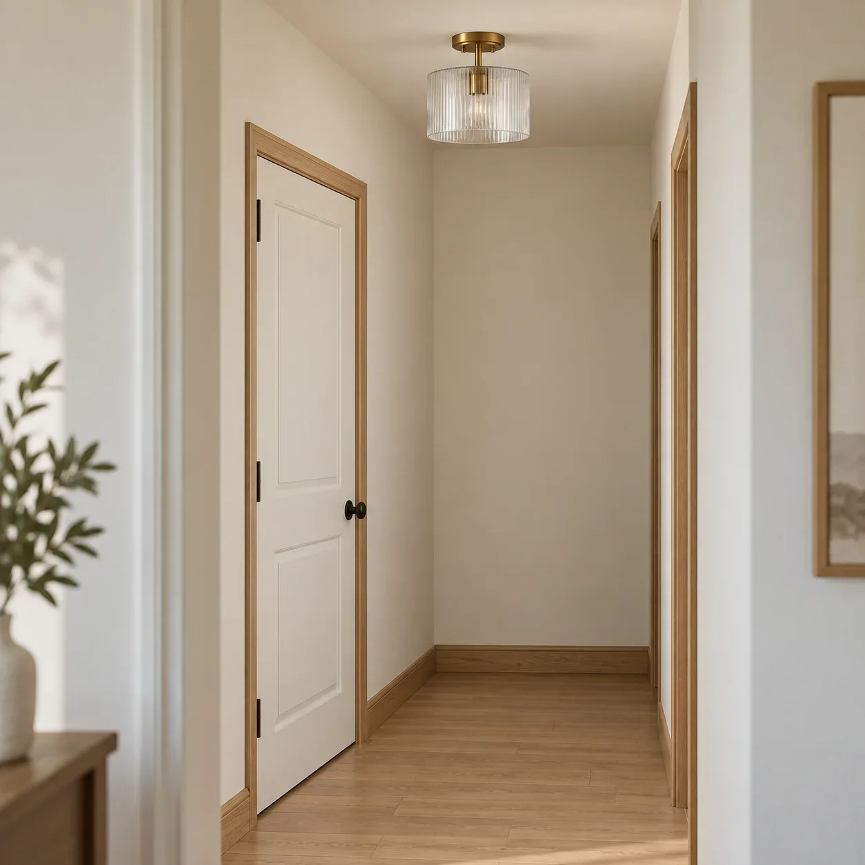 Small glass ceiling fixture shown above a hallway beside a closed interior door