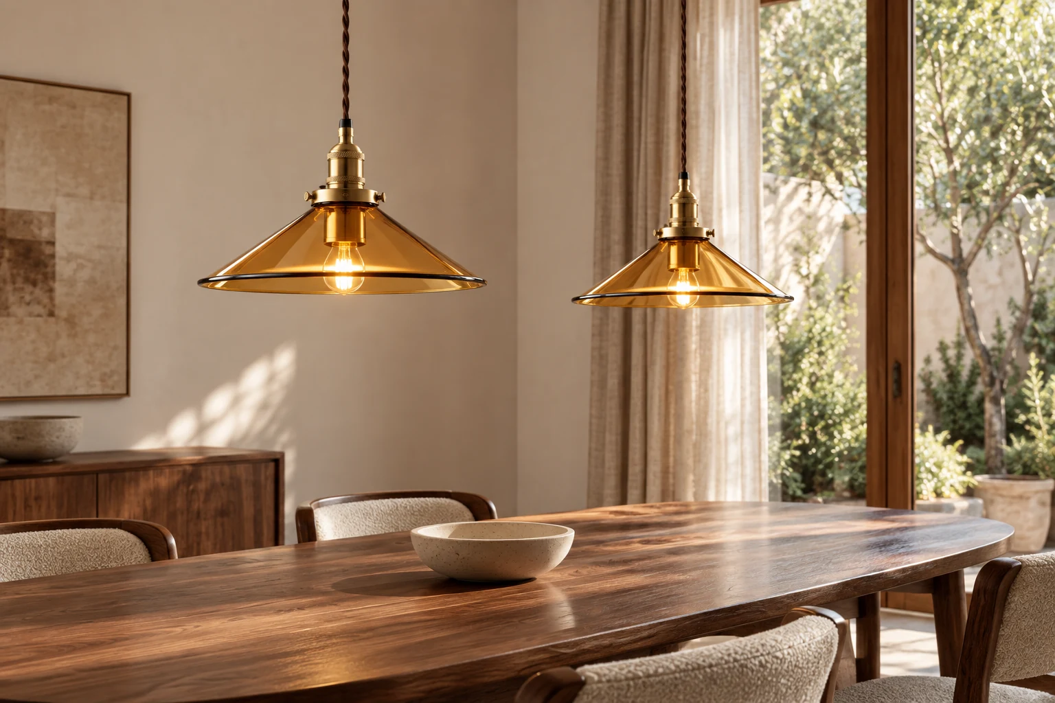 Two amber glass pendant lights installed above a walnut dining table