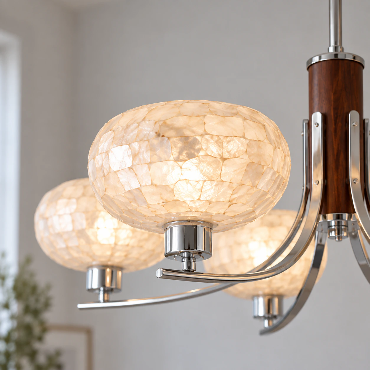 Illuminated natural shell shade showing visible texture and softly diffused light