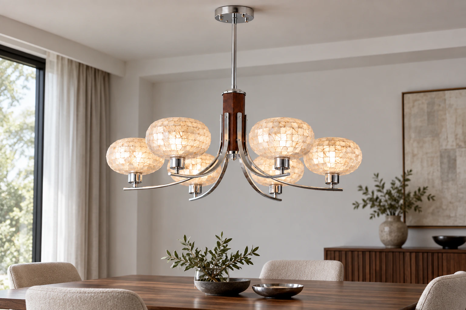Six-light natural shell chandelier installed above a dining table