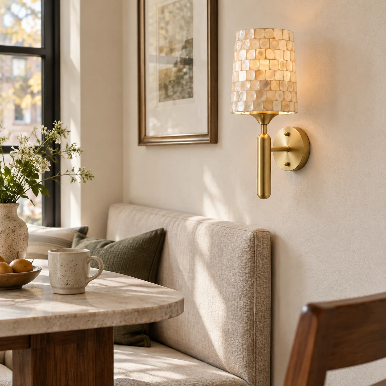 Brass shell-mosaic wall lamp beside an upholstered dining alcove