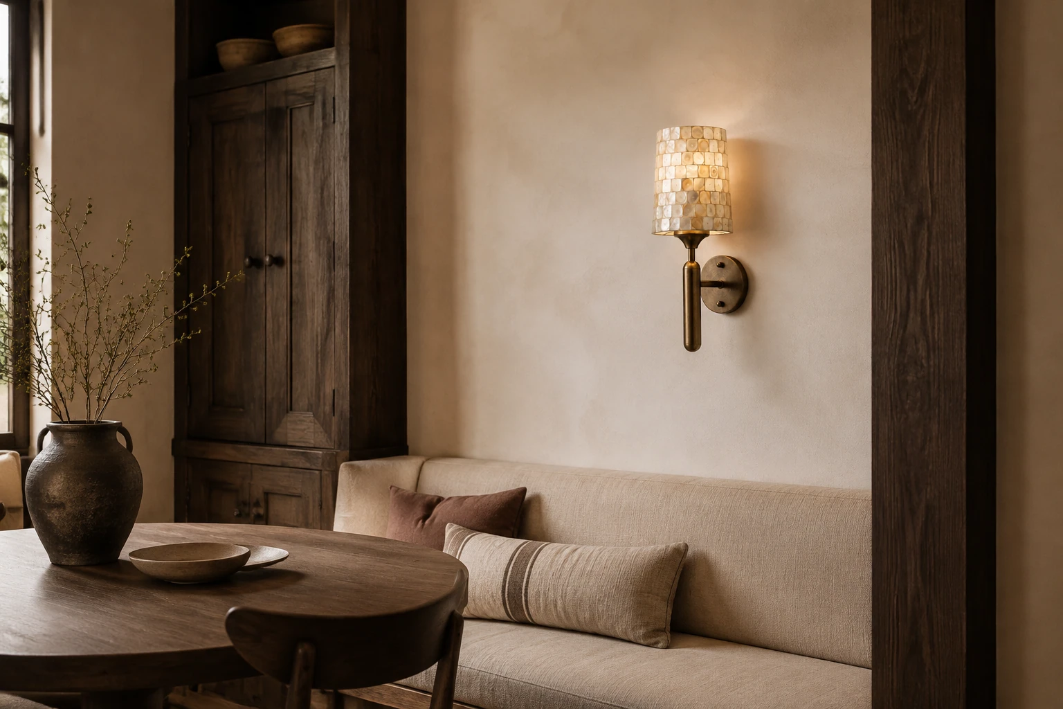 Shell Mosaic Wall Sconce — scene 06 antique copper dining