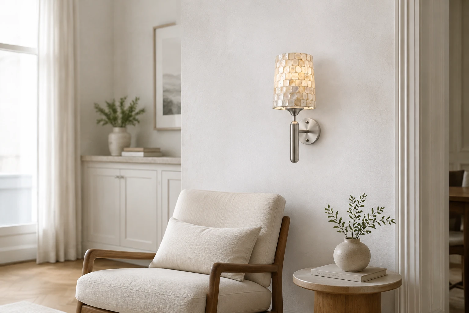 Shell Mosaic Wall Sconce — scene 02 satin nickel living reading