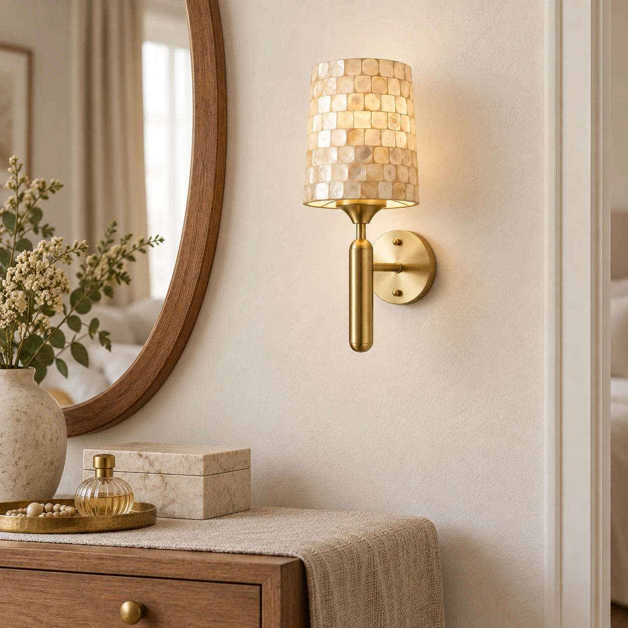 Wall sconce beside a mirror in a dry dressing area