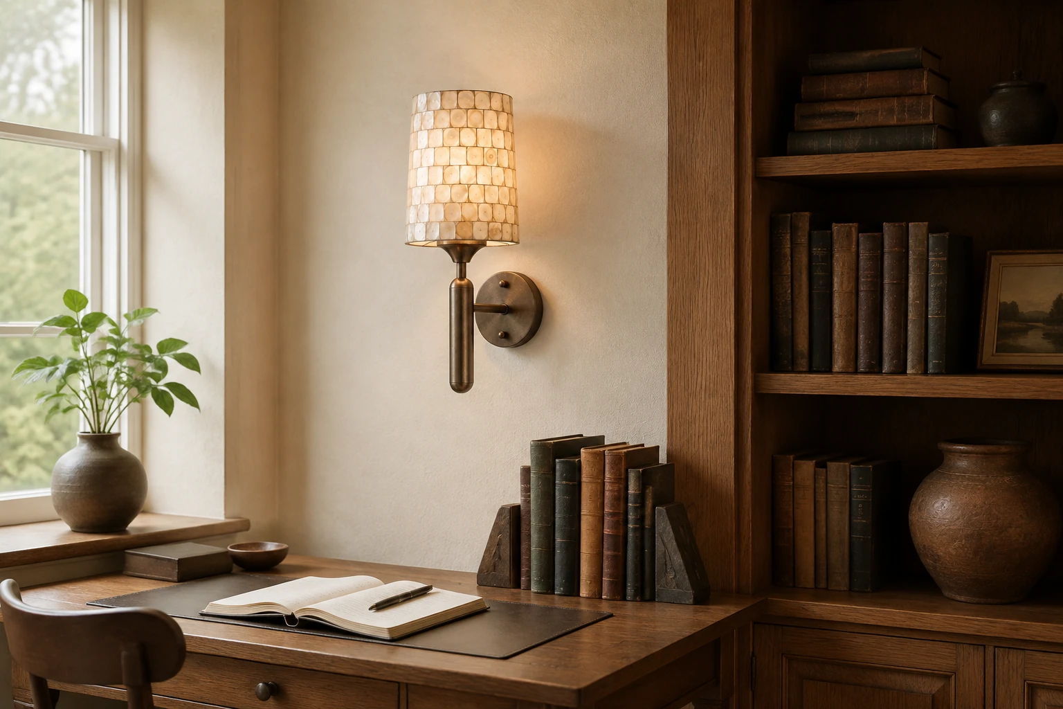 Shell Mosaic Wall Sconce — scene 05 antique copper study