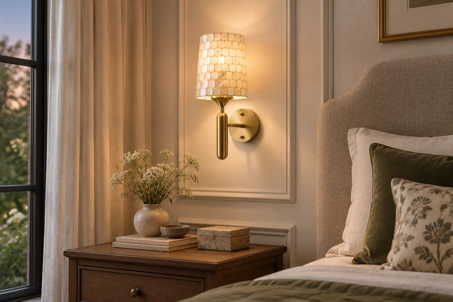 Shell Mosaic Wall Sconce — scene 04 brass hotel bedside