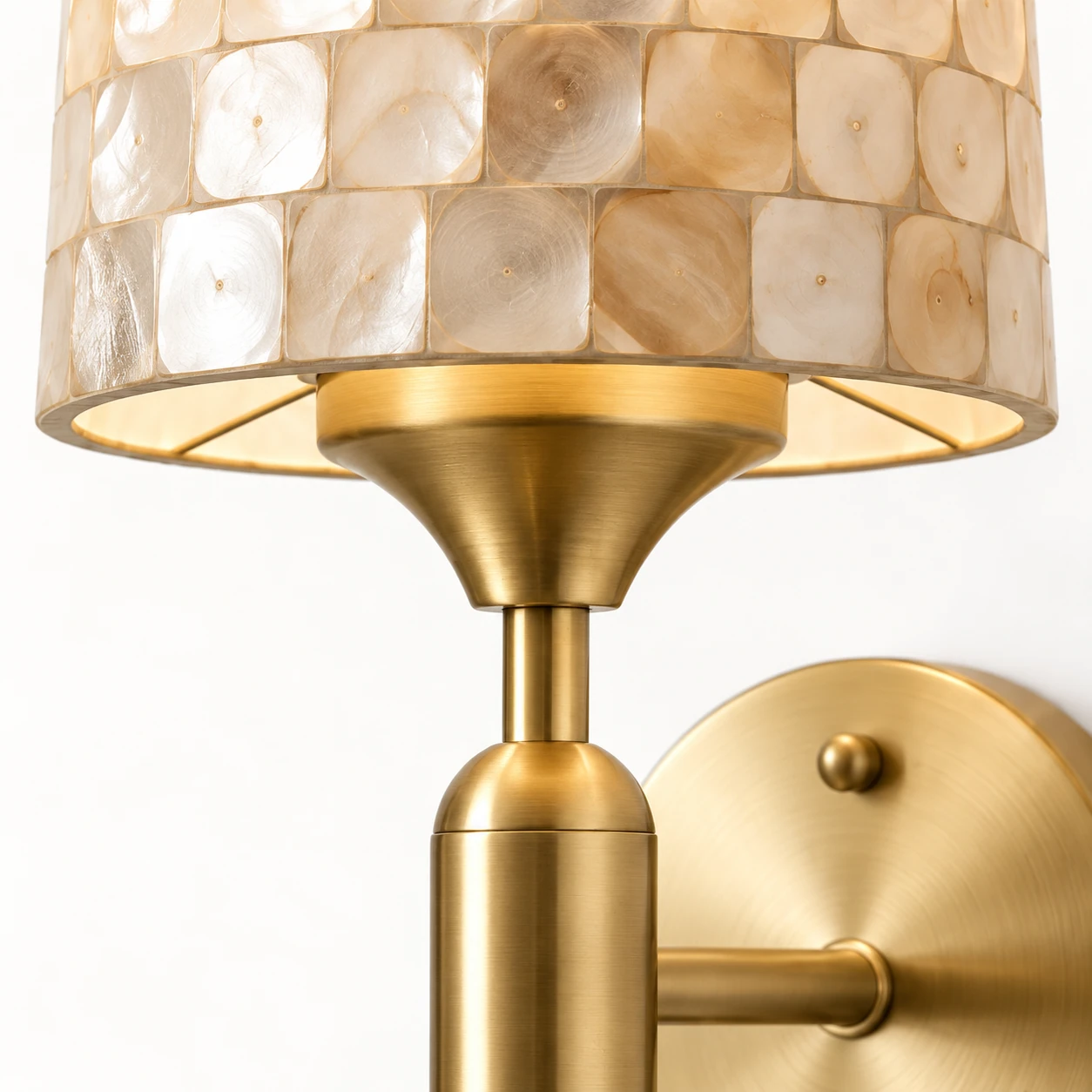 Brass shade cup and narrow neck below the shell-mosaic shade