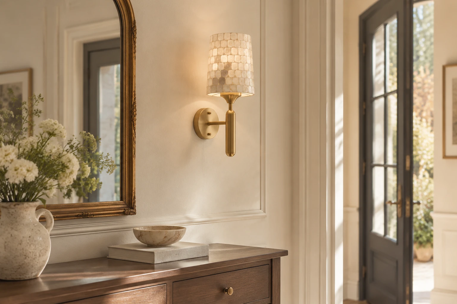 Shell Mosaic Wall Sconce — scene 03 brass entry console