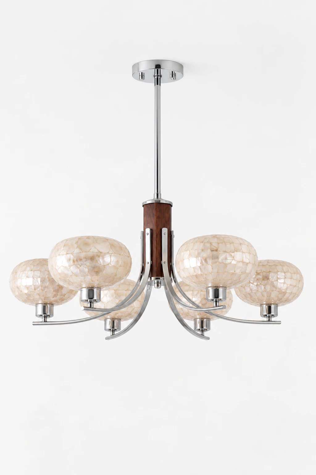 Complete six-light white shell chandelier on a neutral studio background