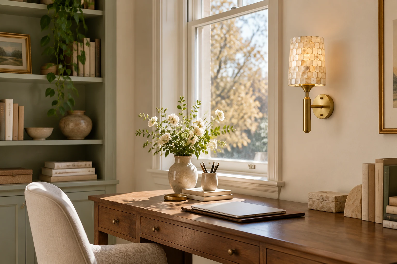 Shell-mosaic wall sconce beside the work surface in a bright home study