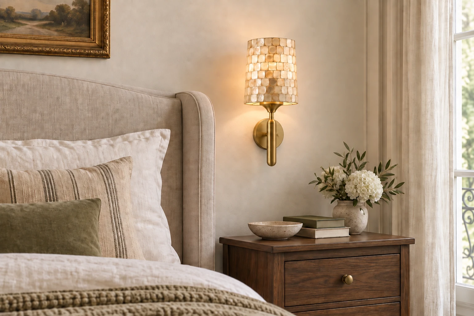 Brass shell-mosaic wall sconce beside a linen bed and walnut bedside table