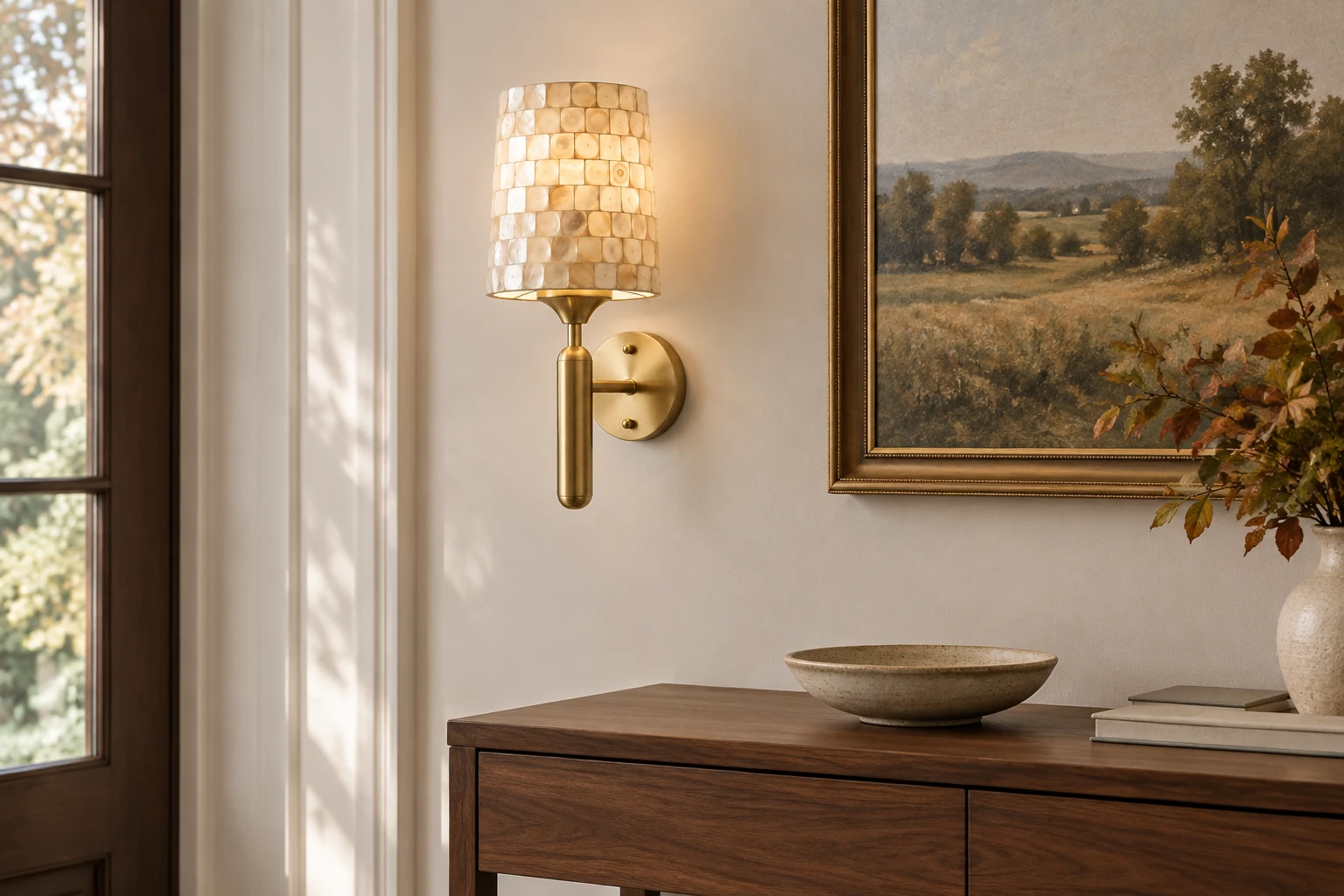 Brass wall sconce mounted beside artwork above an entryway console