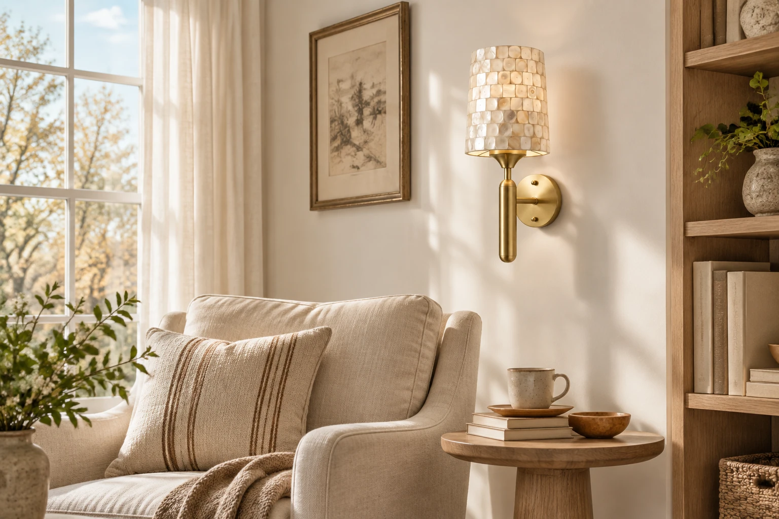 Compact shell-mosaic wall light beside a living-room reading chair