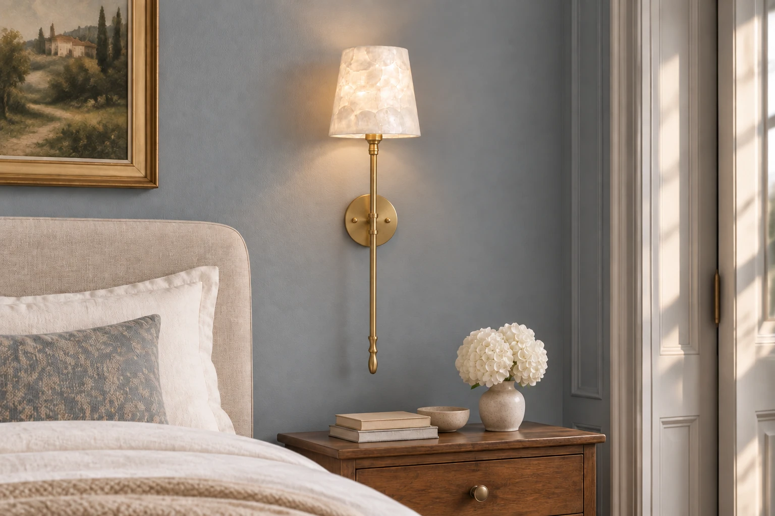 Shell mosaic and brass wall sconce mounted beside a linen bed against a blue-gray wall