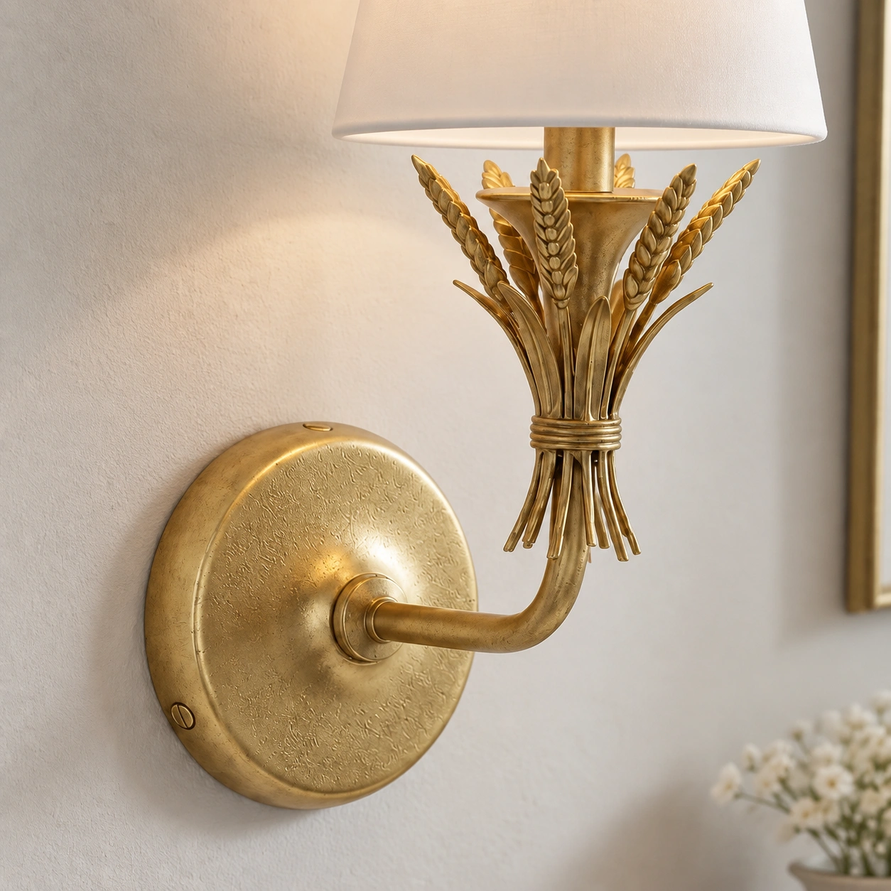 Circular antique-brass-finish wall plate and curved supporting arm