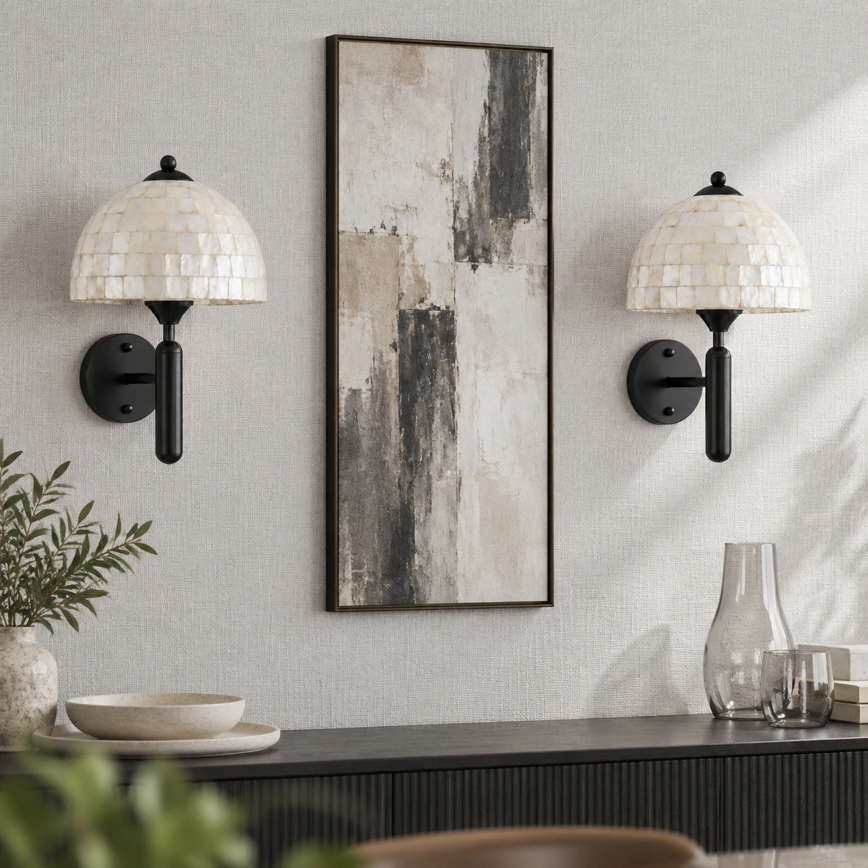 Black Nerelle white shell dome wall sconce