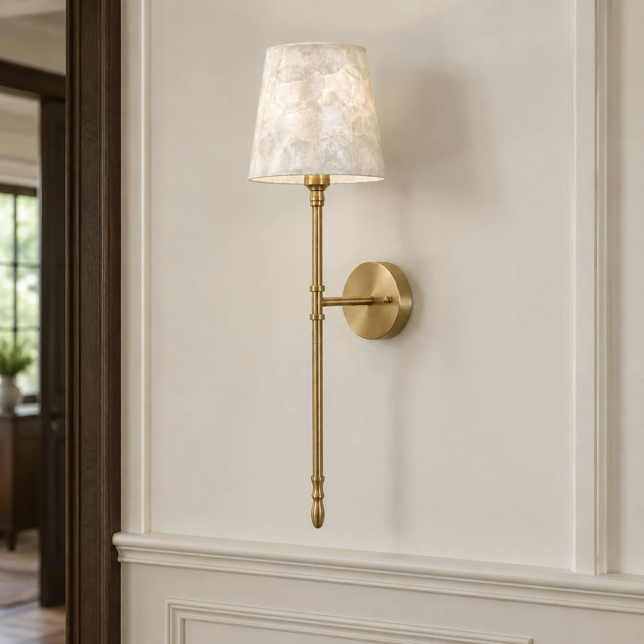 Elodie French Vintage Mosaic Capiz Tapered Wall Sconce — hallway panelling