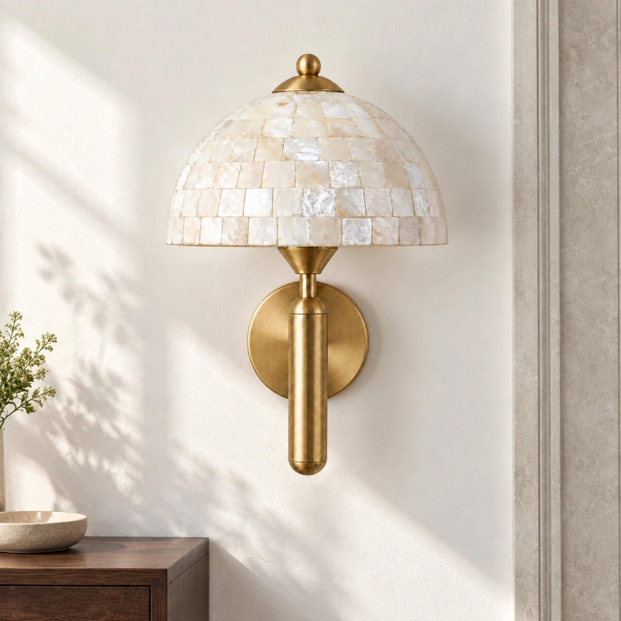 Gold shell wall sconce beside a stone-trimmed hallway opening