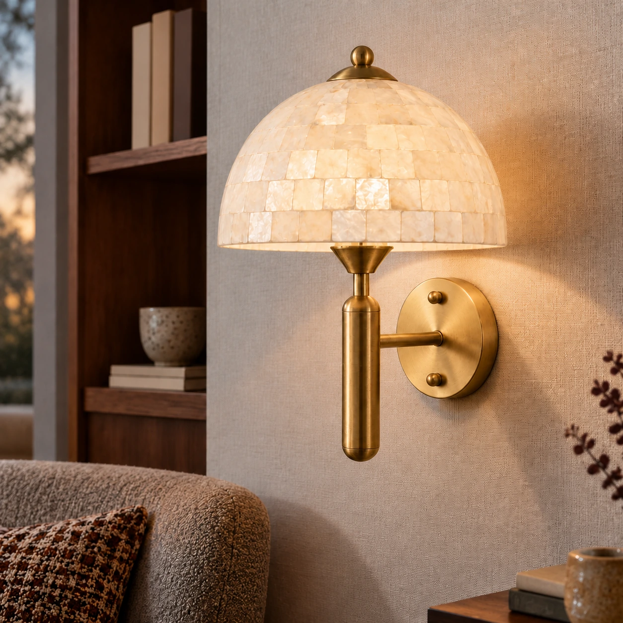 Gold Nerelle white shell dome wall sconce