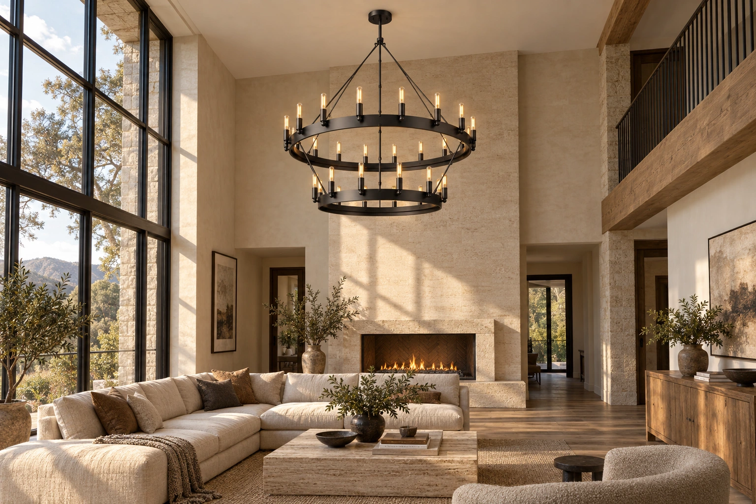 Bronze two-tier round chandelier with exposed filament-style bulbs in a tall living room