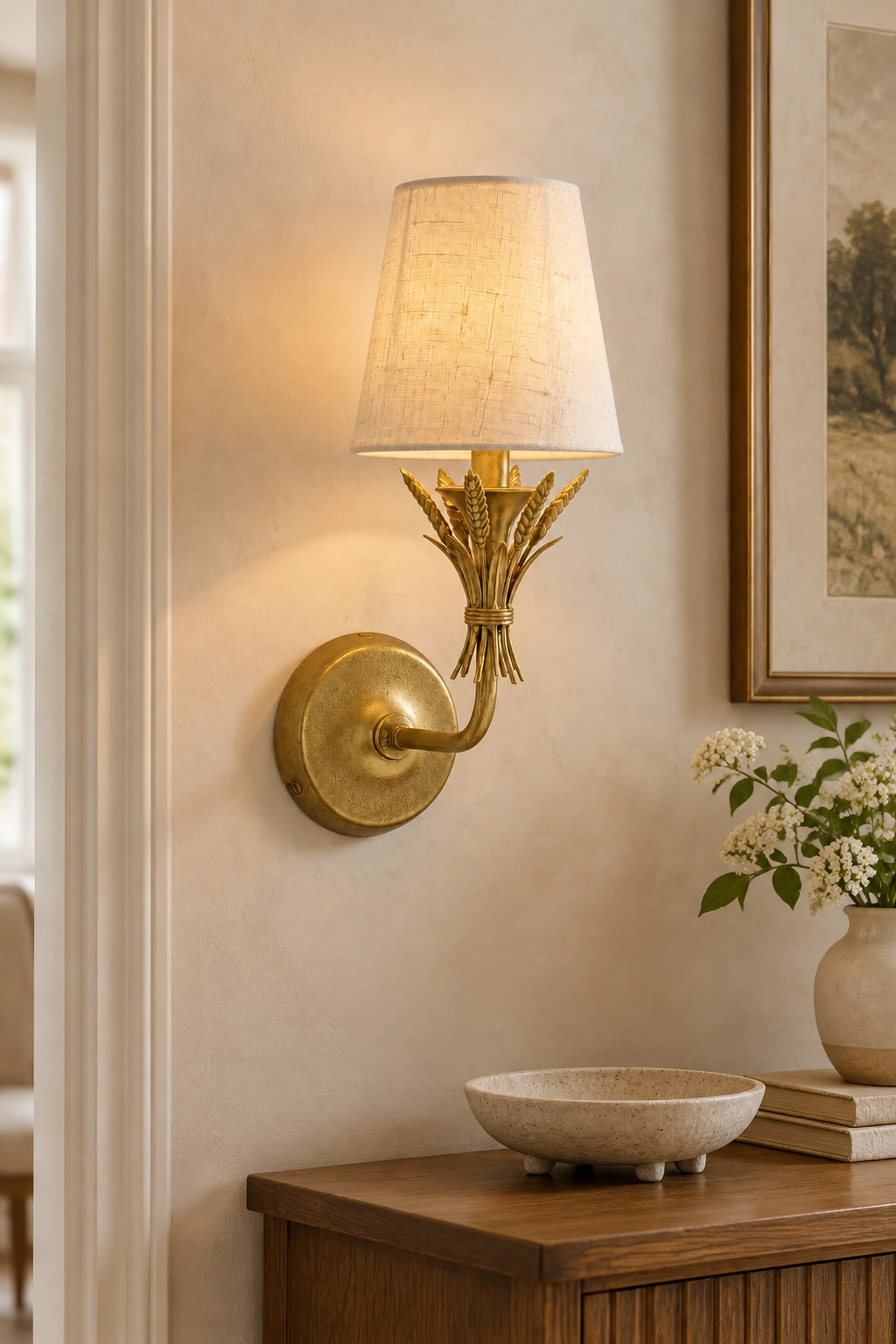 Texture-shade wall sconce above a dining-area sideboard