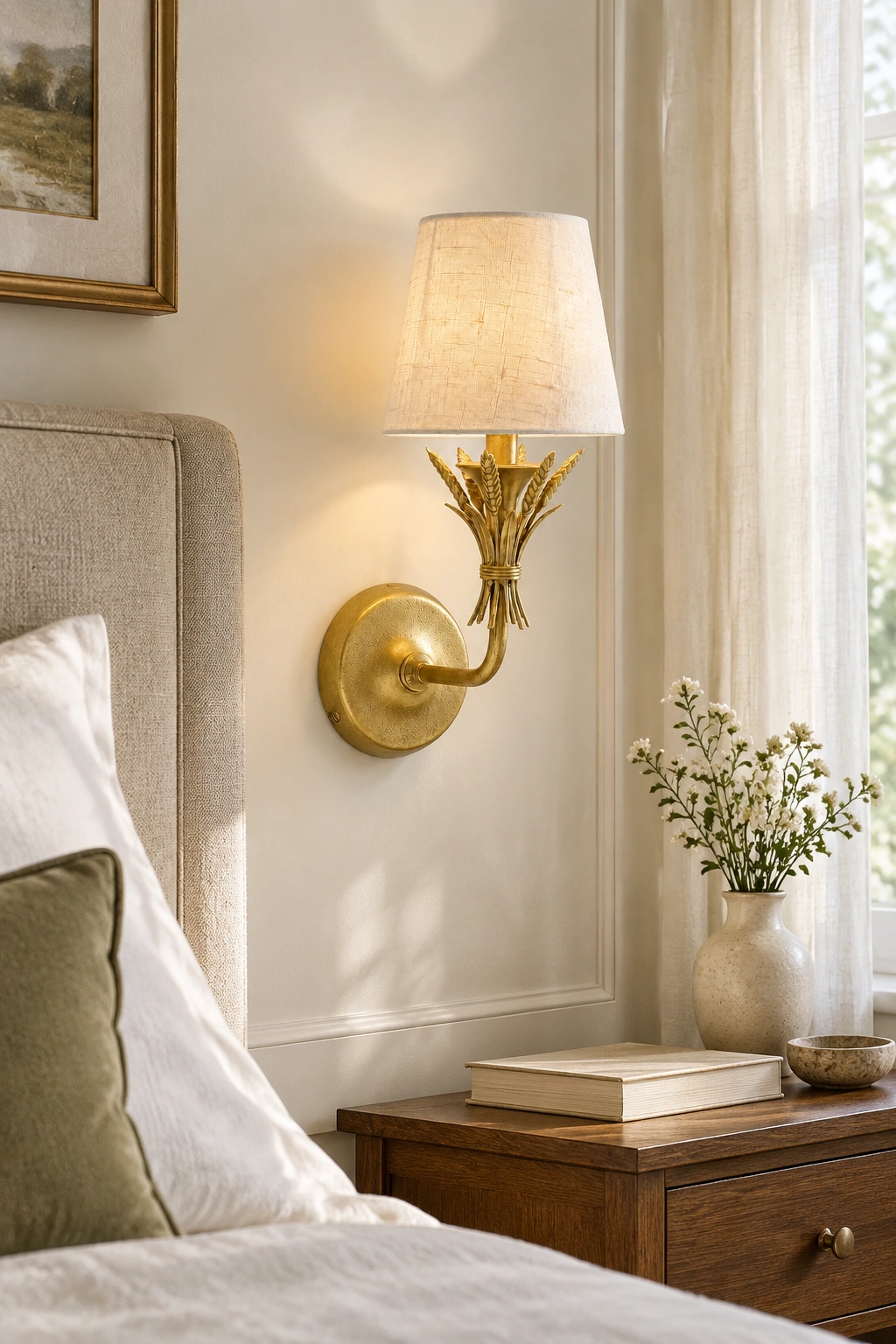 Texture-shade wall sconce beside a bedroom headboard and nightstand