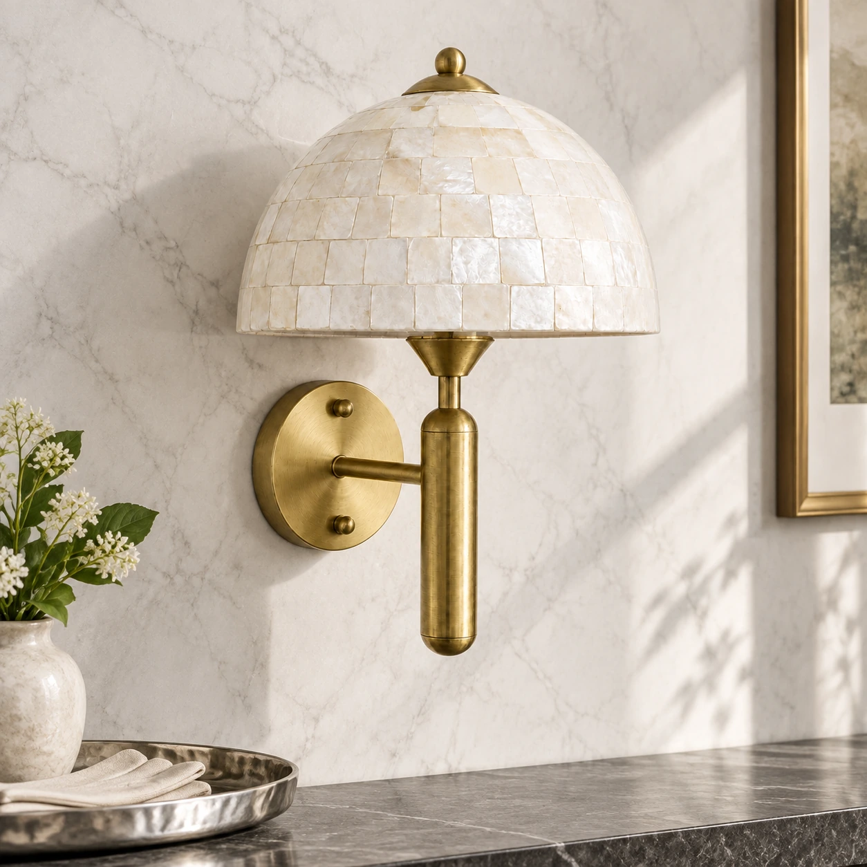 Gold Nerelle white shell dome wall sconce