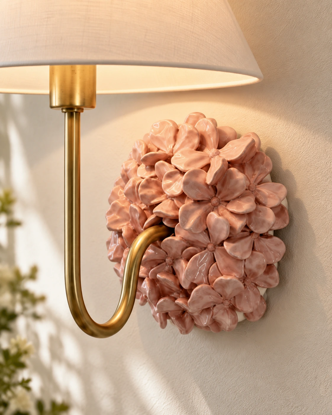 Sculpted pink resin blossoms on the Florienne wall sconce backplate