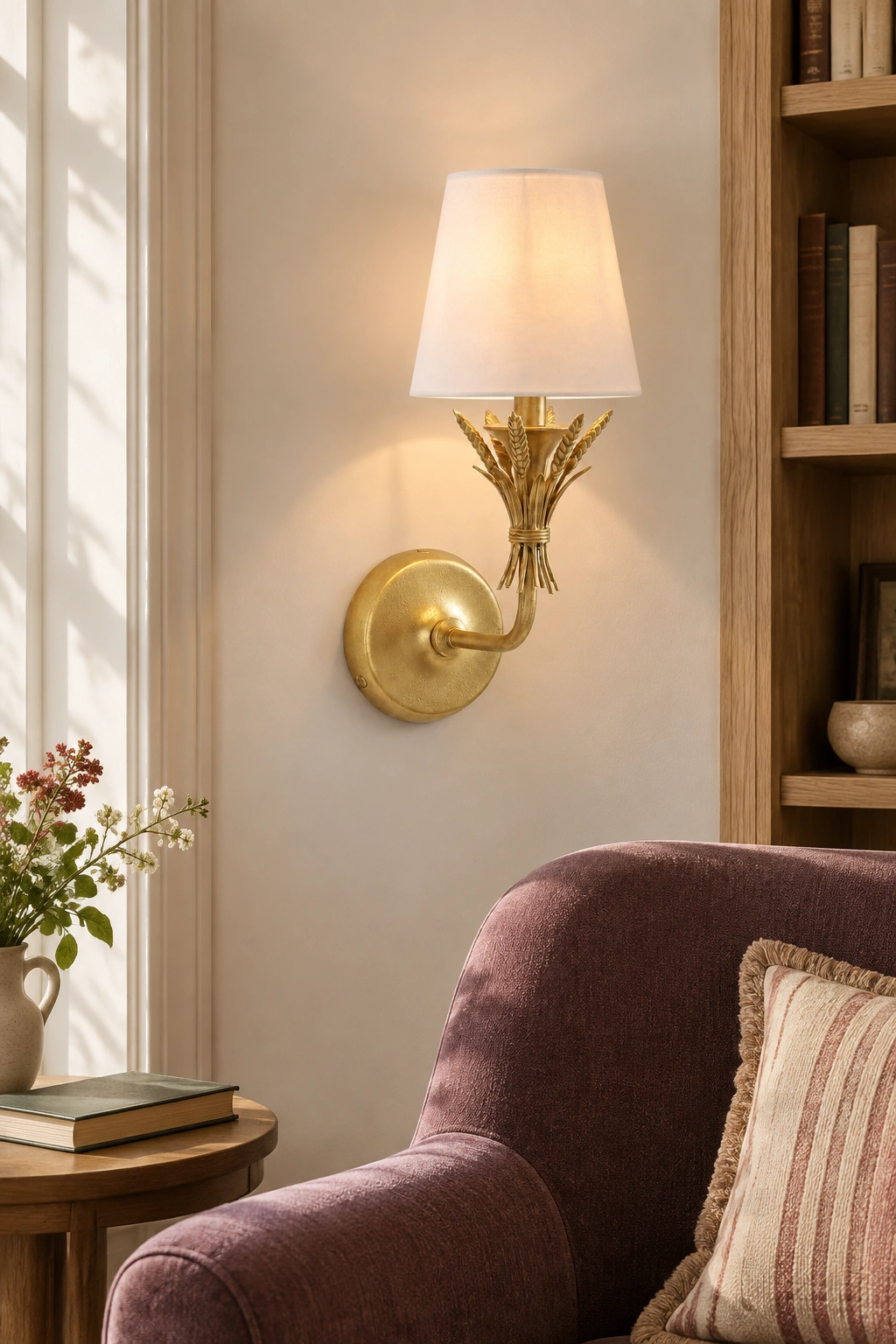 White-shade wall sconce beside an upholstered reading chair and bookshelf