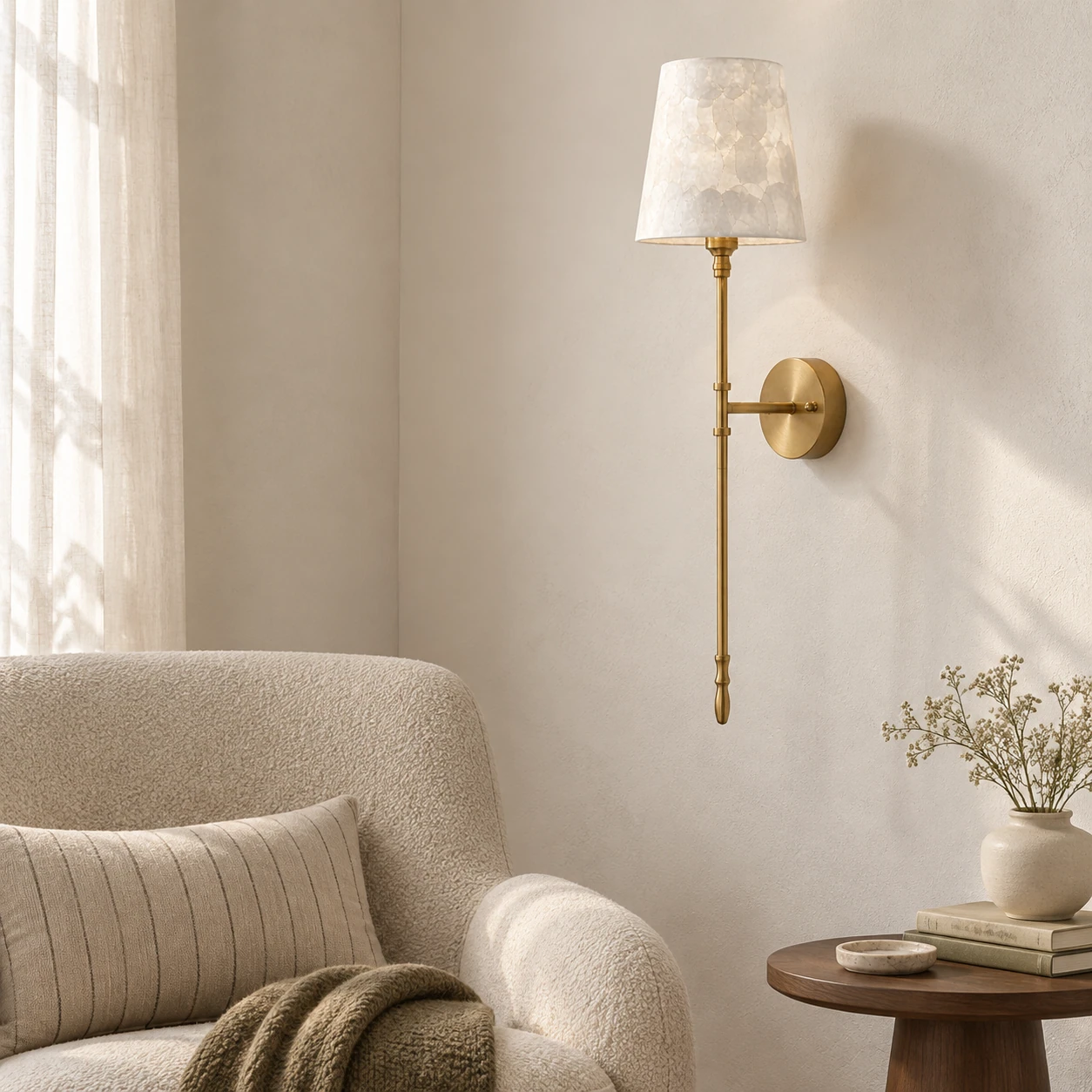 Elodie French Vintage Mosaic Capiz Tapered Wall Sconce — reading corner