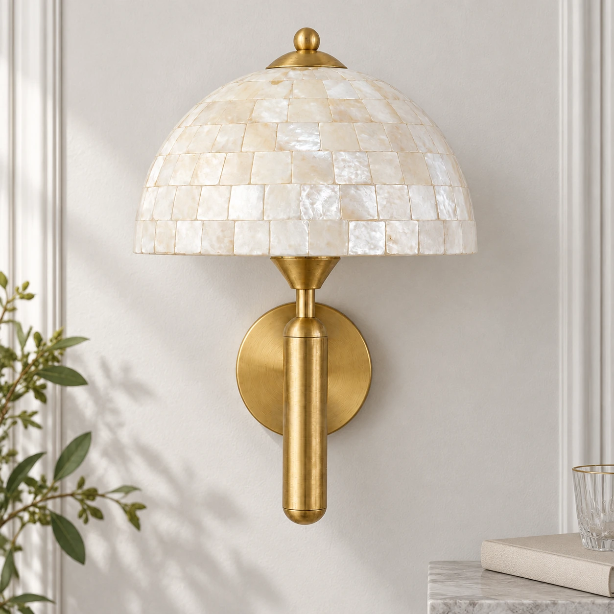 Gold Nerelle white shell dome wall sconce