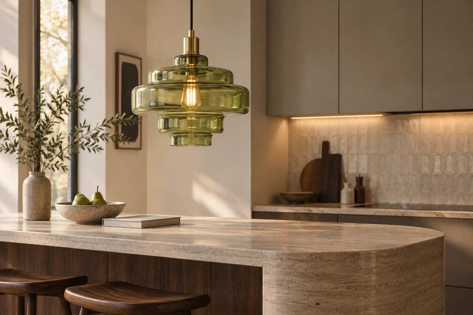 Green glass pendant light above a stone kitchen peninsula