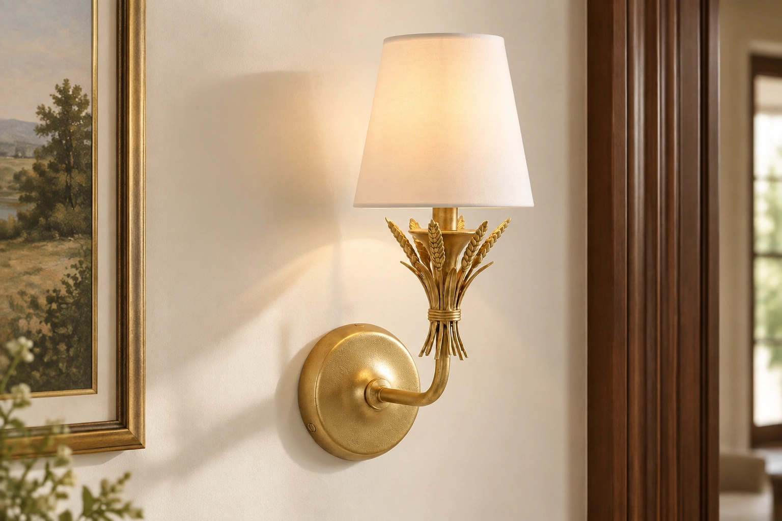White-shade wall sconce beside an interior wooden doorway