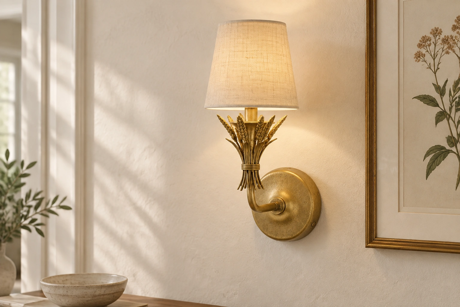 Texture-shade botanical wall sconce in an entryway with a framed print