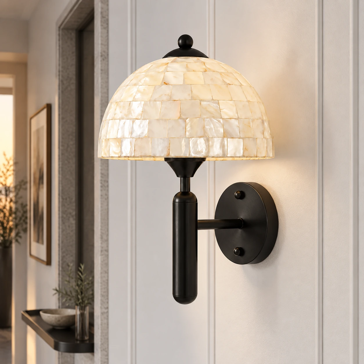 Black Nerelle white shell dome wall sconce