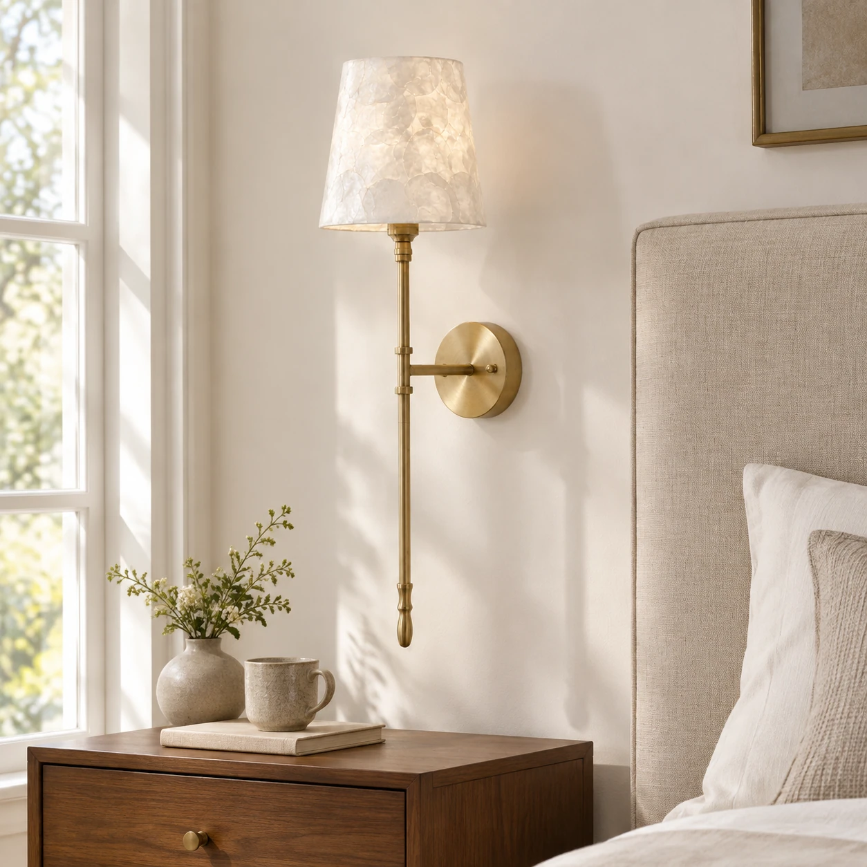 Elodie French Vintage Mosaic Capiz Tapered Wall Sconce — bedroom linen