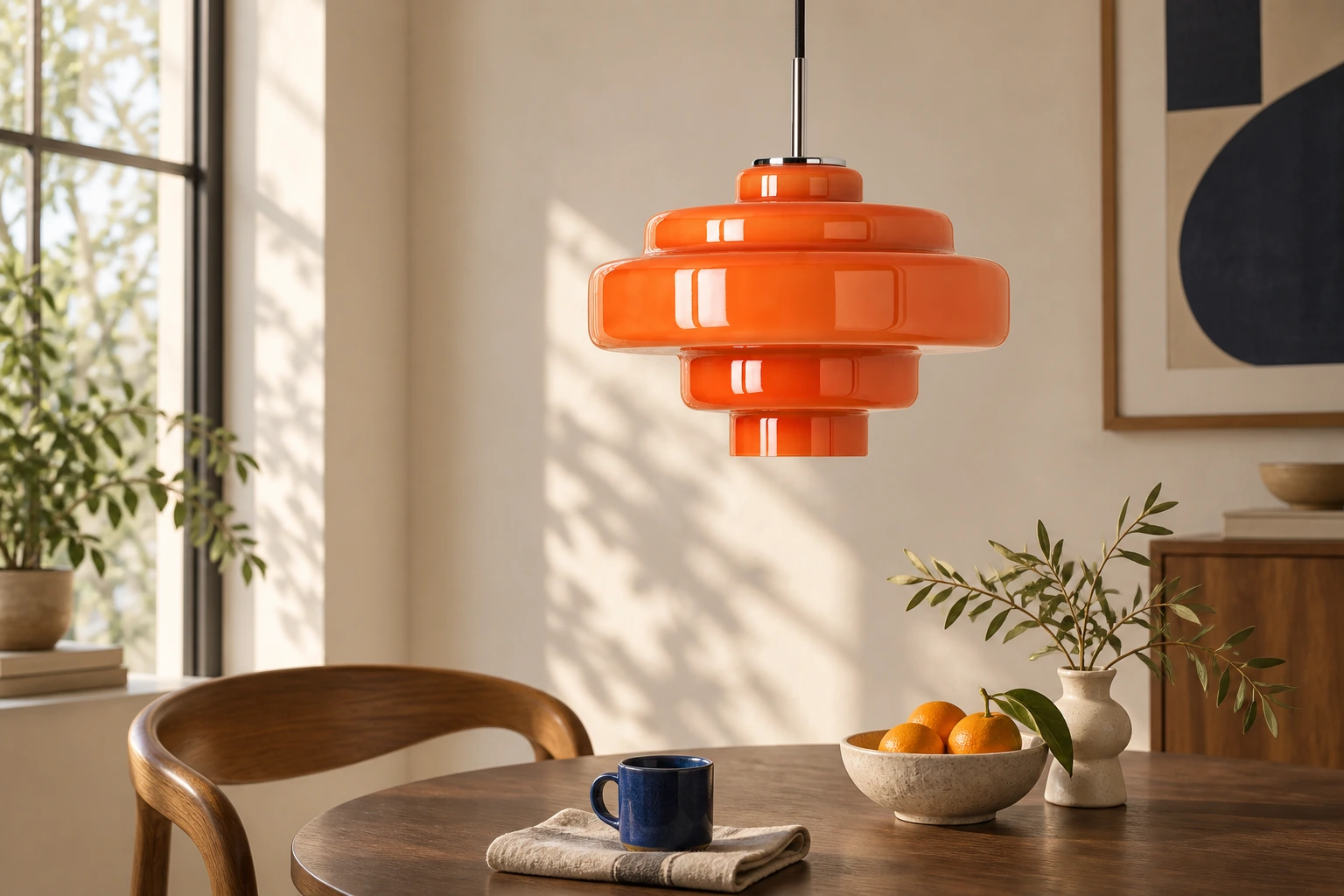 Orange macaron glass pendant light above a walnut breakfast table