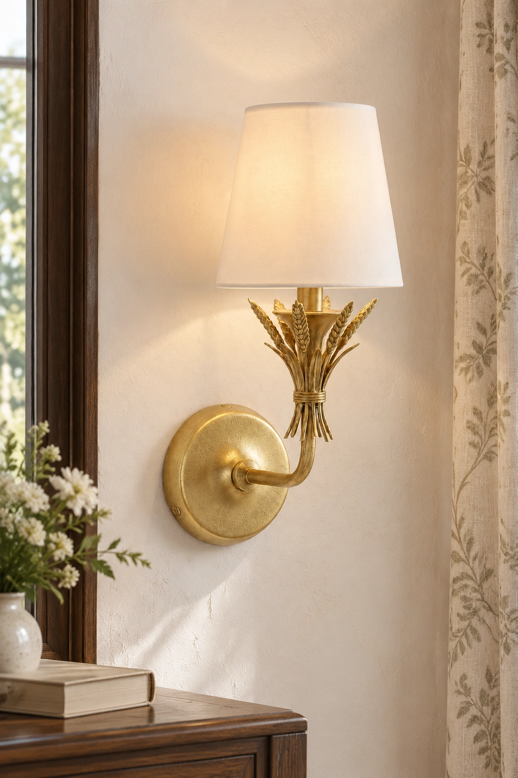 Complete White-shade wall sconce beside a window and patterned curtain
