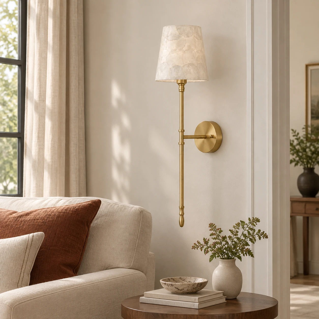 Elodie French Vintage Mosaic Capiz Tapered Wall Sconce — sofa side