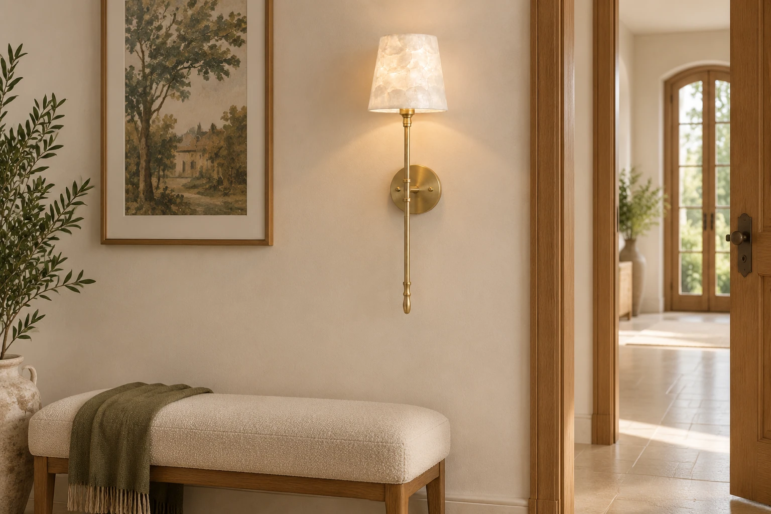 Single shell-shade wall light above an upholstered bench in a bright hallway